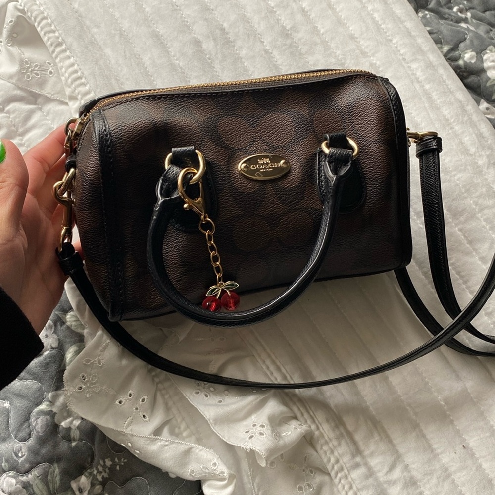 Brown Signature Mini Satchel with Black Trim and Gold Hardware